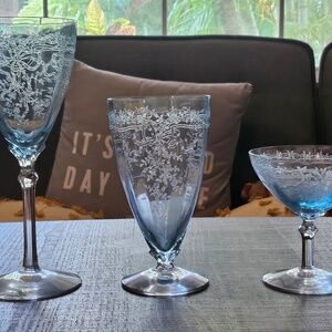 1940's Vintage Rare - Fostoria Azure June Blue Crystal Footed Glass Sets